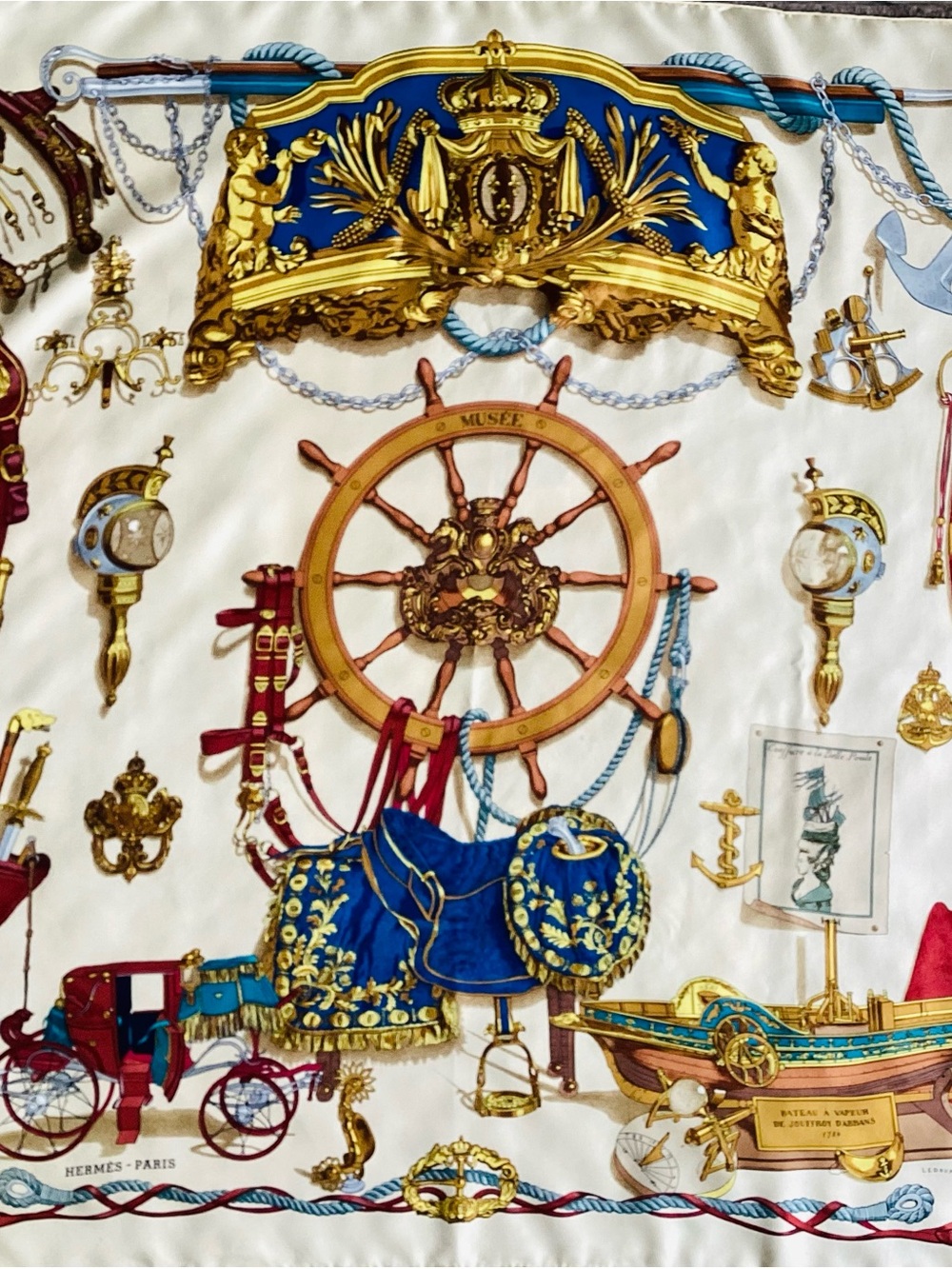 Hermes Blue & Gold Silk Scarf with Nautical Print